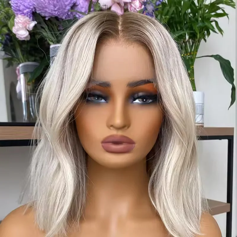 Short Wavy Ash Blonde Wigs with Brown Roots Human Hair Lace Front Wigs
