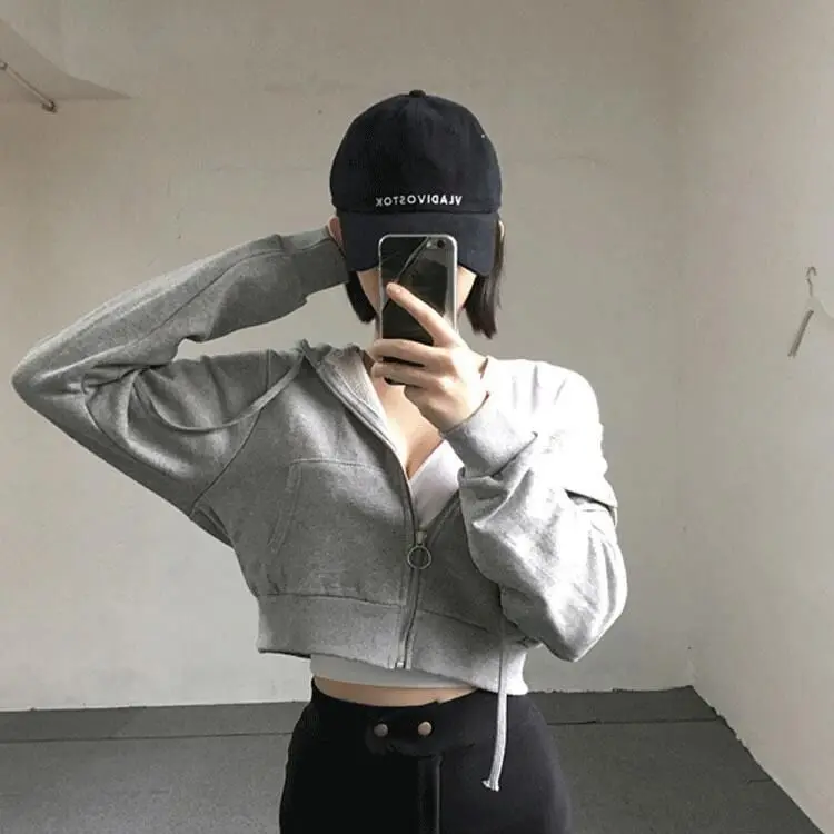 Women Hooded Solid Short Style Zipper Slim Harajuku Chic Trendy Simple All-match Thin Long Sleeve New Vintage Clothes