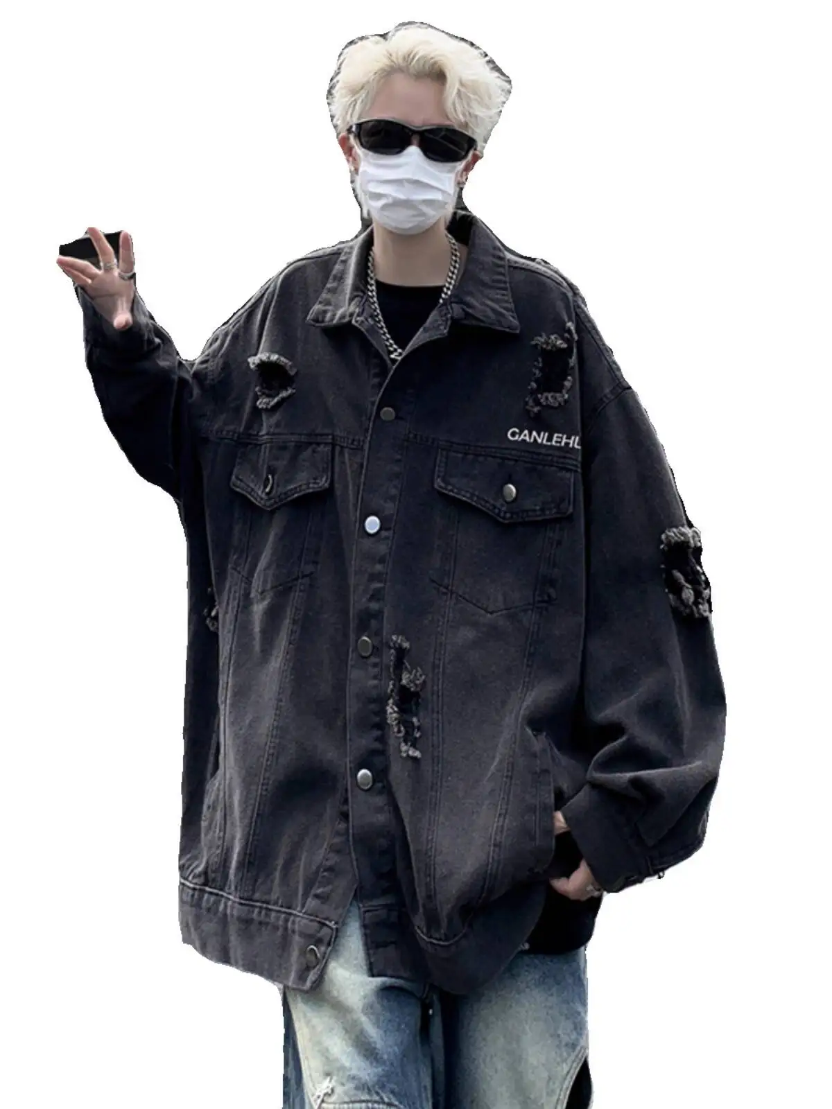 Men's Distressed Denim Jacket Spring Autumn Vintage Loose Streetwear Fashionable Worn in Cool Cargo Coat
