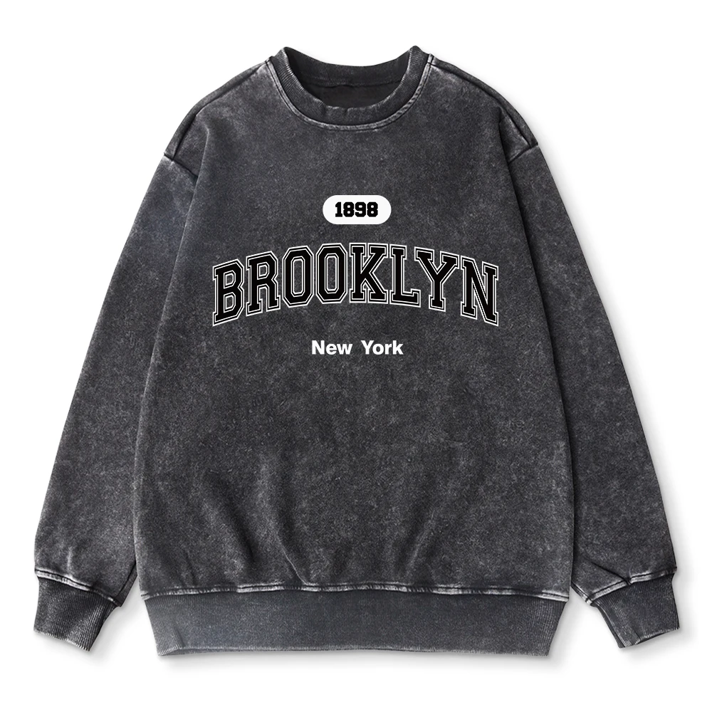 Woman Acid Wash Hoodie 1898 Brooklyn New York Letter Prints Sweatshirt Oversized Warm Cotton Pullover Couple Washed Streetwear