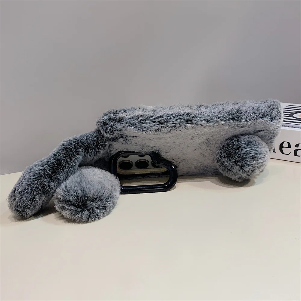 Casing Ponsel Berdiri dengan Telinga Kelinci Lucu dan Bulu untuk Samsung Galaxy S25 Ultra S24 Plus S23 A56 A36 A35 A17 Pelindung Kamera Berbulu.