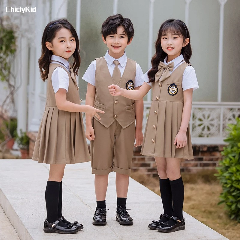 

Boys Summer School Uniform Vest Shirt Shorts Girls Waistcoat Dress Kids British Kindergarten Clothes Sets Child Students Outfits