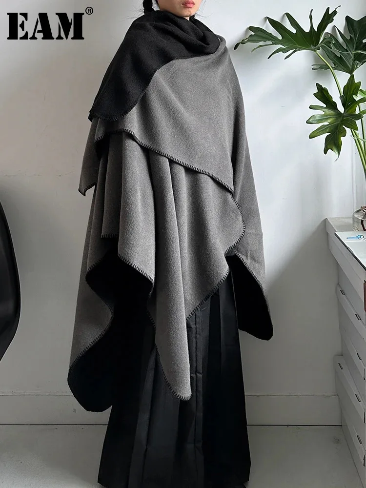 [EAM] Women Black Gray Long Big Size Elegant Keep Warm Scarf New Long  Personality   Fashion Tide Autumn Winter 2024 1DH8166