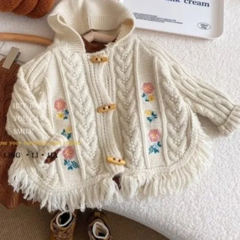 Sweater Coat Korean Childrens Clothing Autumn Girls Embroidery Knitwear Children Cardigan Baby Cloak Vintage Sweet