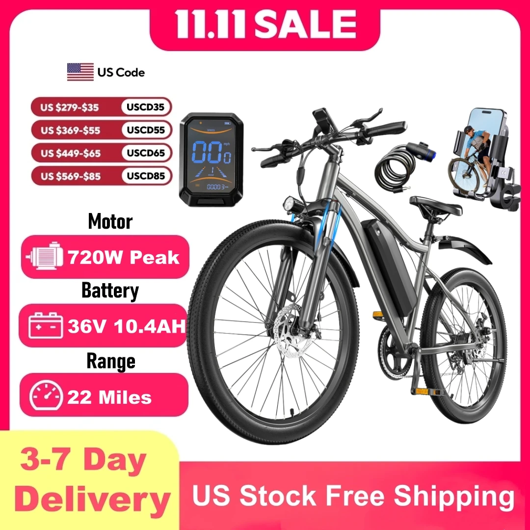 

Электрический велосипед с пиковым двигателем, 720 Вт, 26 дюймов, горная шина, 36 В, 20 миль, максимальная дальность действия, 22 миль, передние и задние дисковые тормоза, 7-скоростной электровелосипед BMS