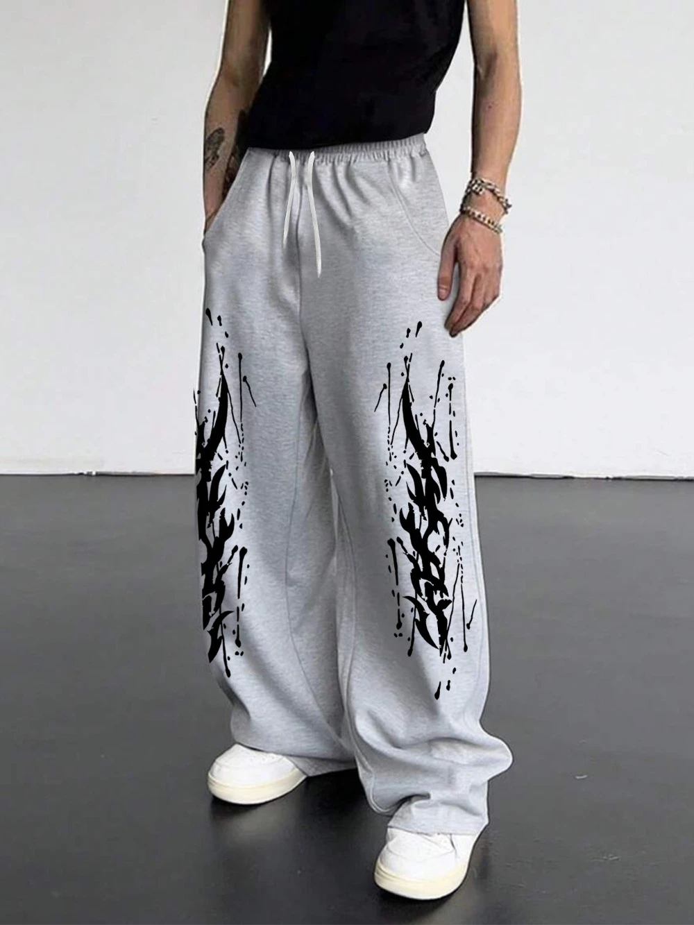 

Men's dark fashion style printed casual sports loose straight leg trousers wide leg straight leg streetwear mens pants