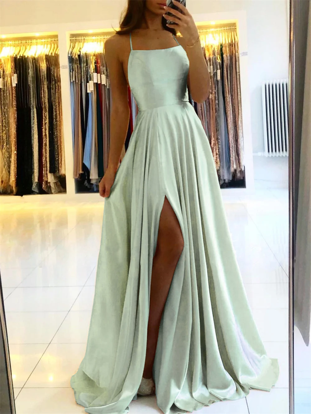 

Elegant Women Maxi Beach Satin Dress Sexy Leg Slit Lace up Evening Prom Gown Adjustable Straps Bridesmaid Dresses