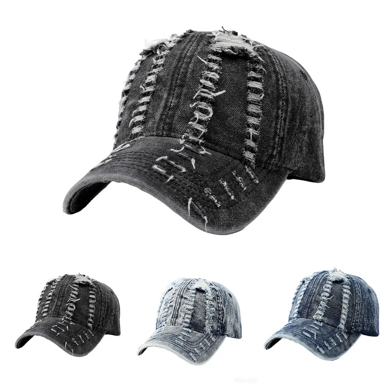 Ripped denim black American-style baseball cap for women, summer oversized and deepened duckbill cap