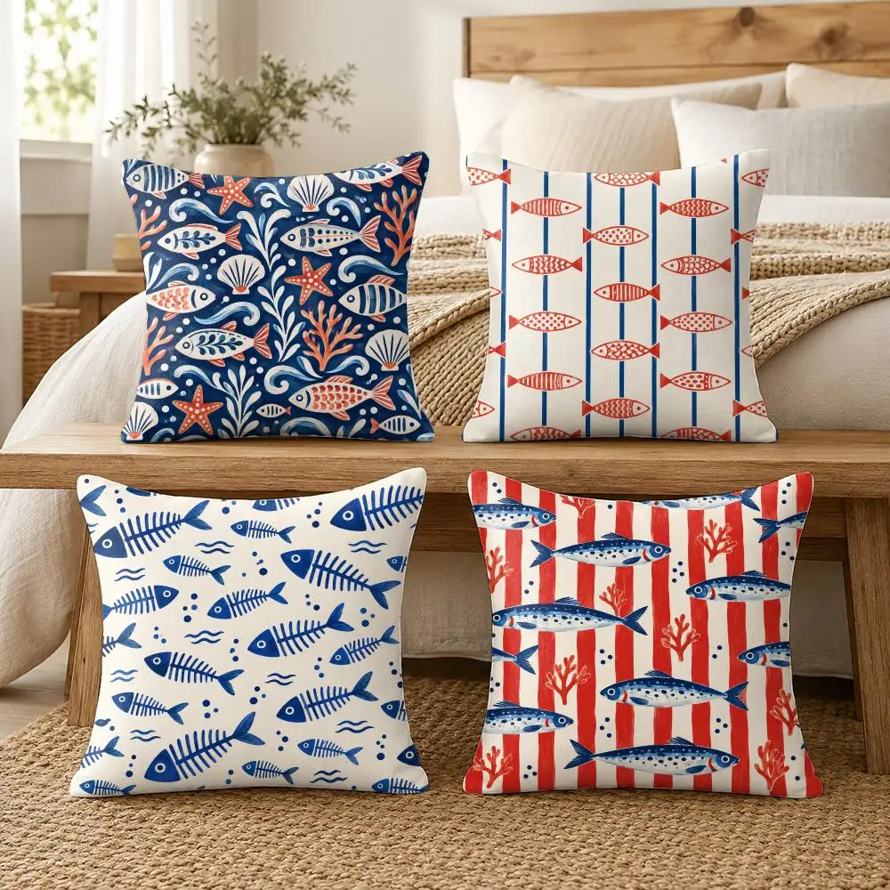 Coastal Fish Nautical Seaside Cushion Cover Soft Short Plush Pillow Cases Hidden Zipper Cutecore Sofa Bedroom Home Decor Gift