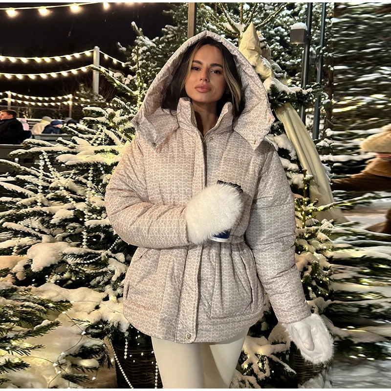 Upgraded Thickened Allover Printed Mid Length Padded Coat Stand Collar Drawstring Waist Windproof 2026 Winter Women Outer Jacket