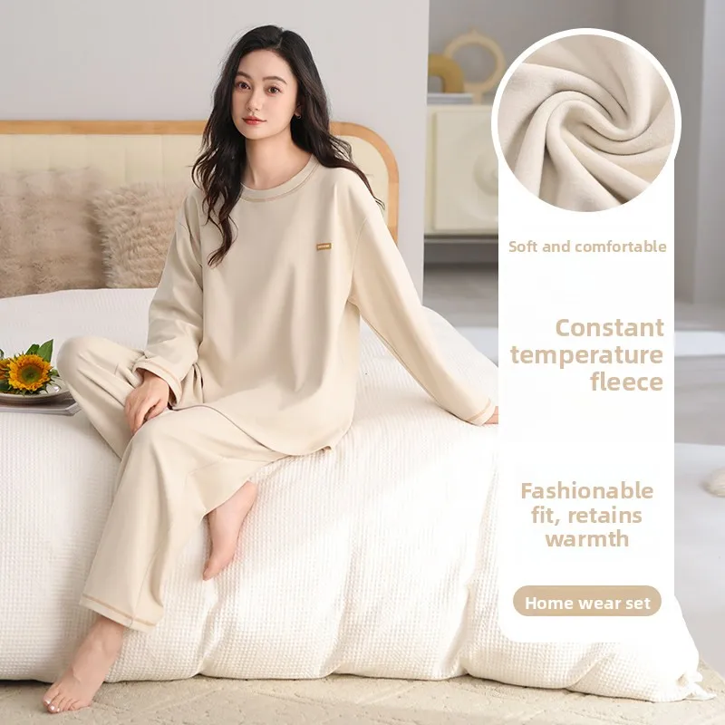 Thickened Long Sleeve Sleepwear Women's Winter Style Fleece Lined Home Clothes Set Dervo Brand Casual round Neck Pyjamas