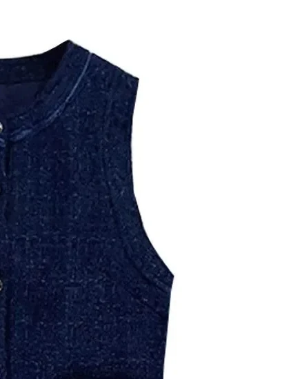 2025 New Women's Dark Blue Tweed Dress, Sleeveless, Multi-Pocket, Slim Fit, Elegant Mini Dress