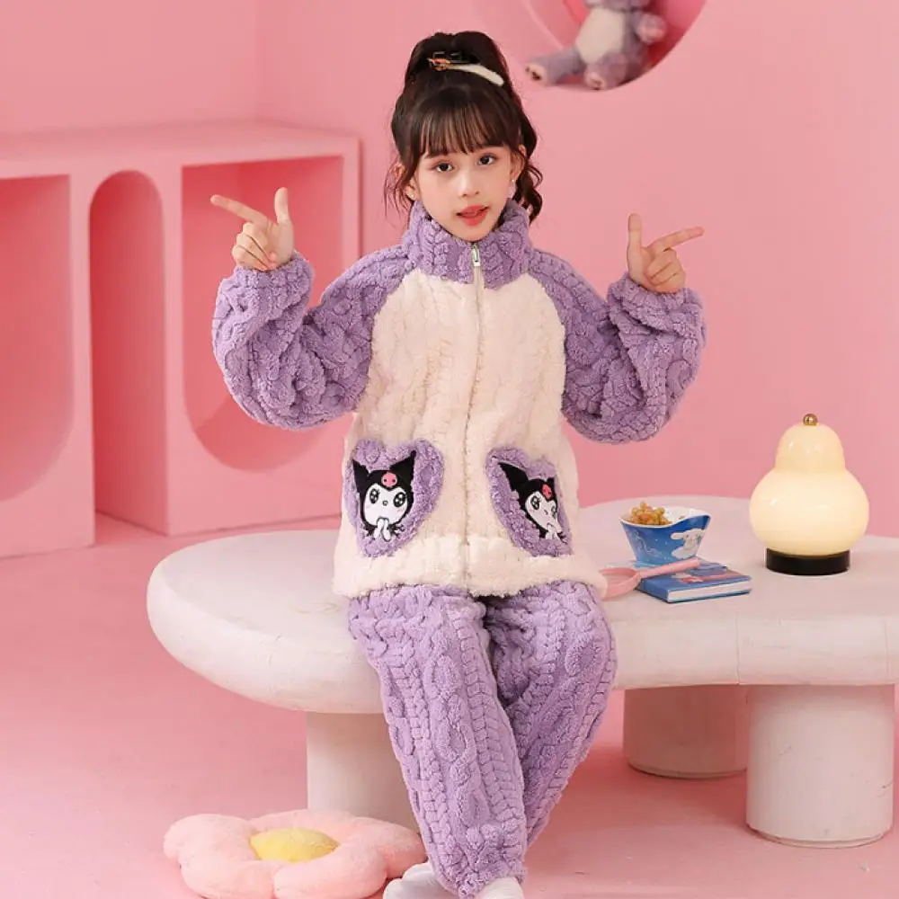 Cute Anime Kuromi Plush Pajamas Suit Children Sanrioed Kawaii My Melody Kids Zipper Home Clothes Winter Cartoon Warm Loungewear