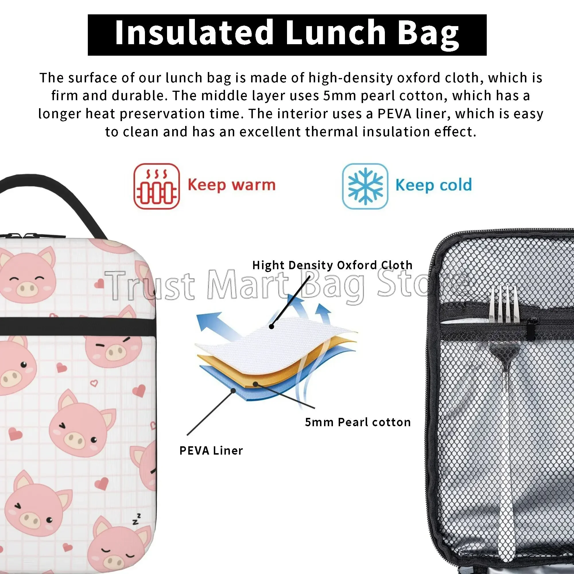 Cute Cartoon Pink Pig Insulated Lunch Bag Reusable Lunch Box Cooler Thermal Bento Tote Bag for Girls Women School Office Picnic