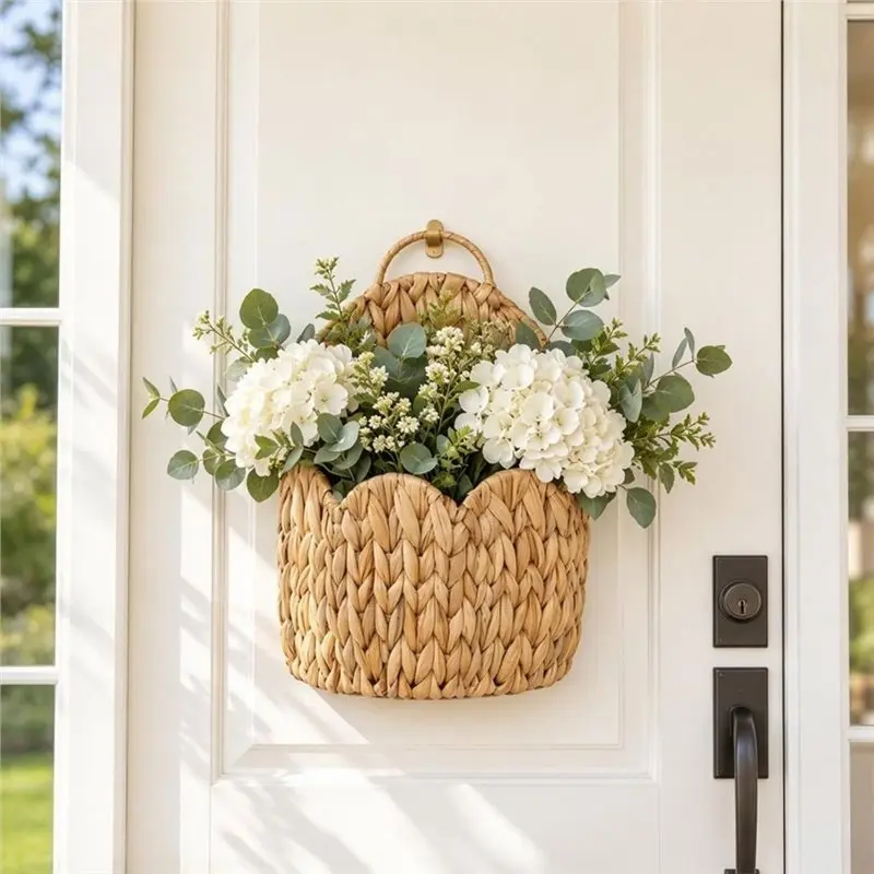 ABUN-Water Hyacinth Hanging Basket In Wicker With Handles-Farmhouse Style For Mail, Flowers, Entryway Decoration Wall