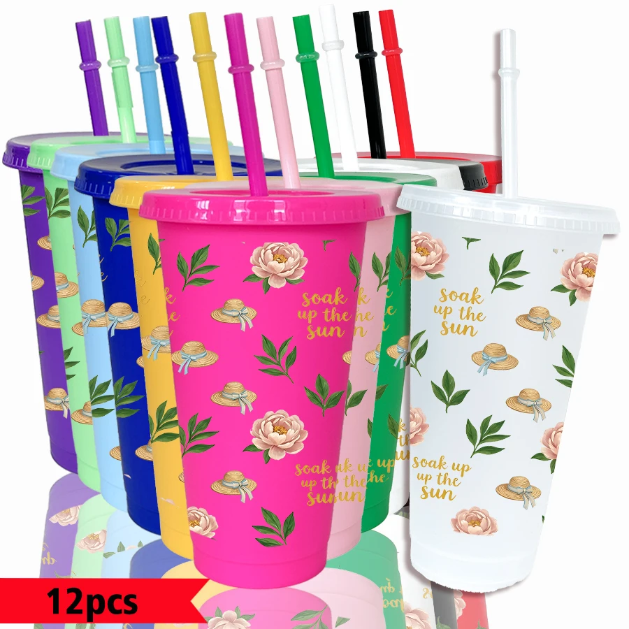 12pcs/pack Flowers Green Leaves Straw Hat Pattern 26oz Colored Plastic Party Cold Cups for Back-to-school Birthday Gifts