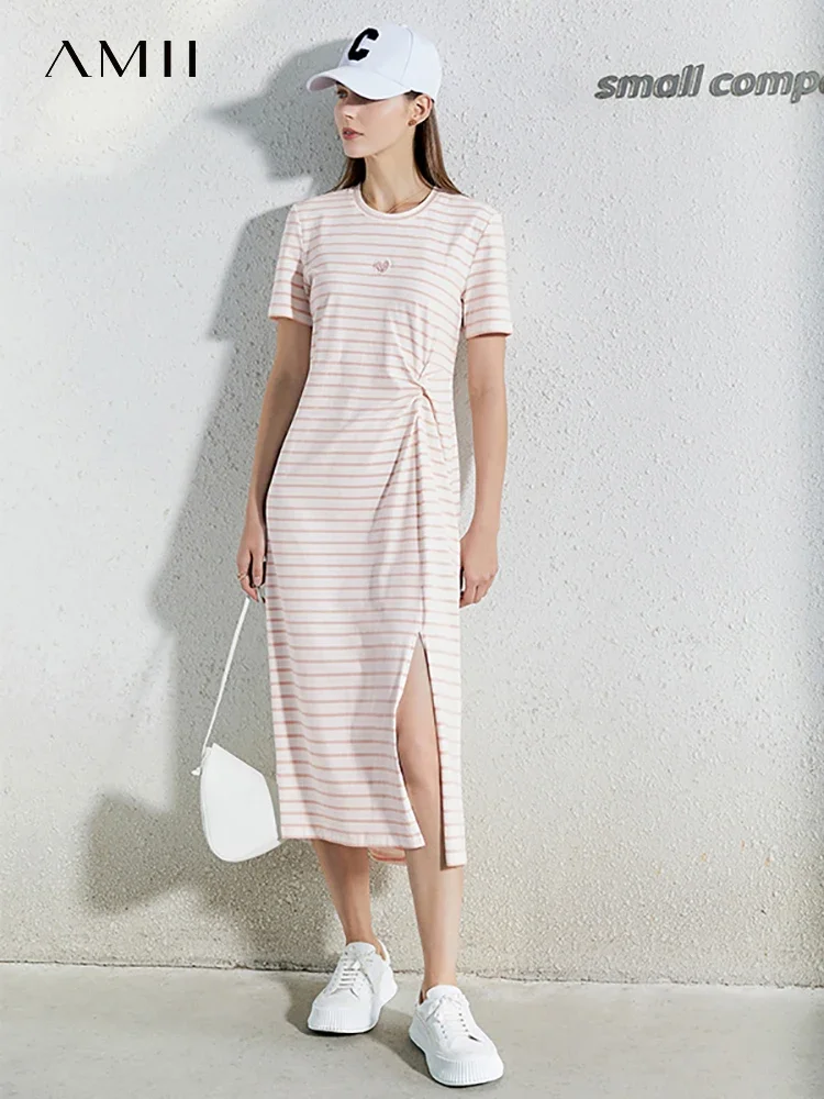 Amii Minimalism Summer Fashion Women's Dress Elegant Lady Cotton Embroidery Stripe A line Women Summer Dress Vestidos 12230114