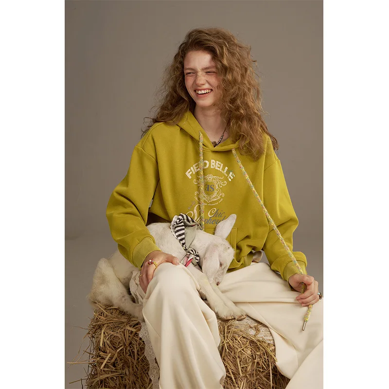 

Худи женское ELFSACK 2025: Новинка осени, ретро-стиль, повседневное, с крупным принтом, длинный капюшон на шнурке