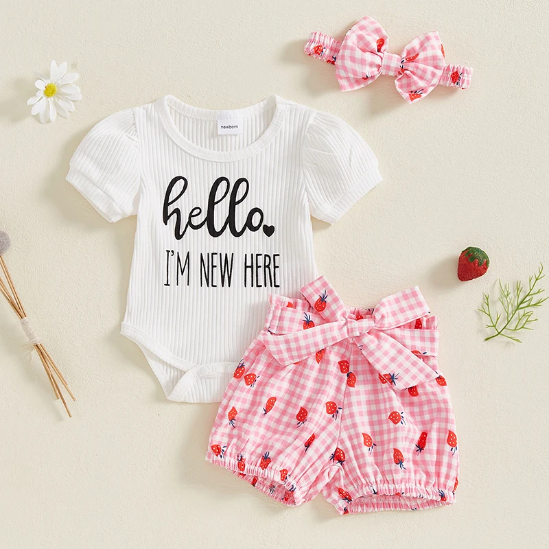 Baby Girls Outfits Letter Print Short Sleeve Romper+Floral/Strawberry Bloomers Shorts+Headband Newborn Clothes Set