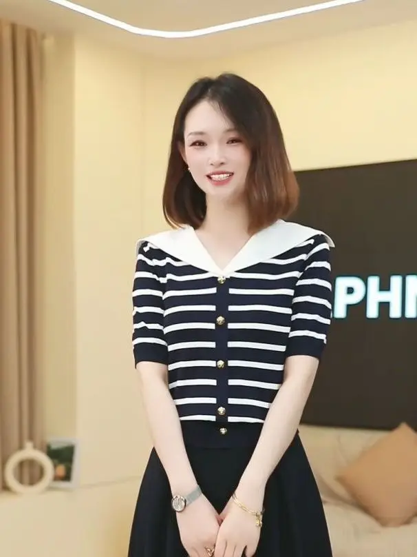 

French Sailor Collar Single Breasted Striped Thin Knitted Shirt Women Straight Slim Half Sleeve Ice Silk Sweater Summer Thin Top