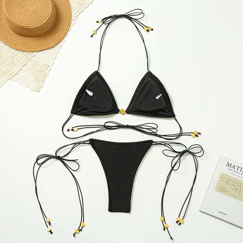 Bikini Set Swimsuit Women Metal Chain Decoration Bandage Triangle Micro Bikini Swimwear Trendy Solid Split Bathing Suit 2025 New