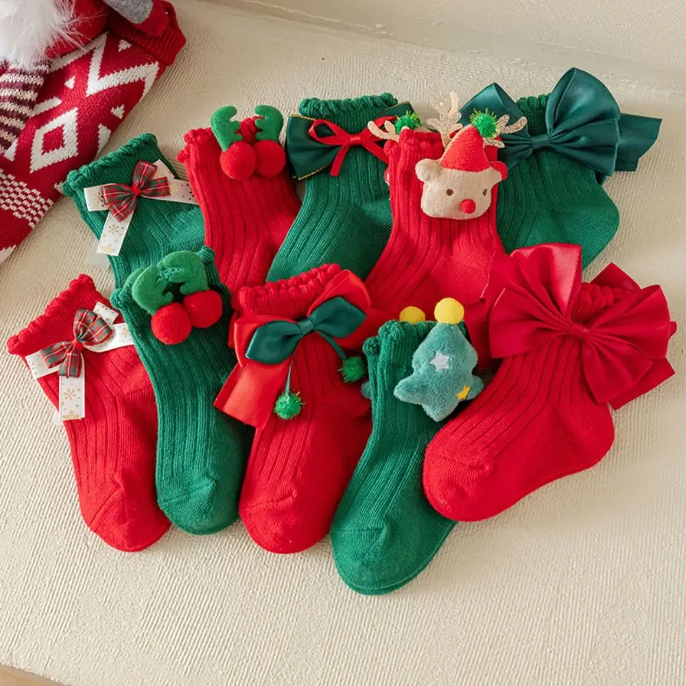 Soft Red Green Children Christmas Socks Bowknot Antlers Cartoon Socking Stripe Christmas Tree Kid Cotton Socks Children