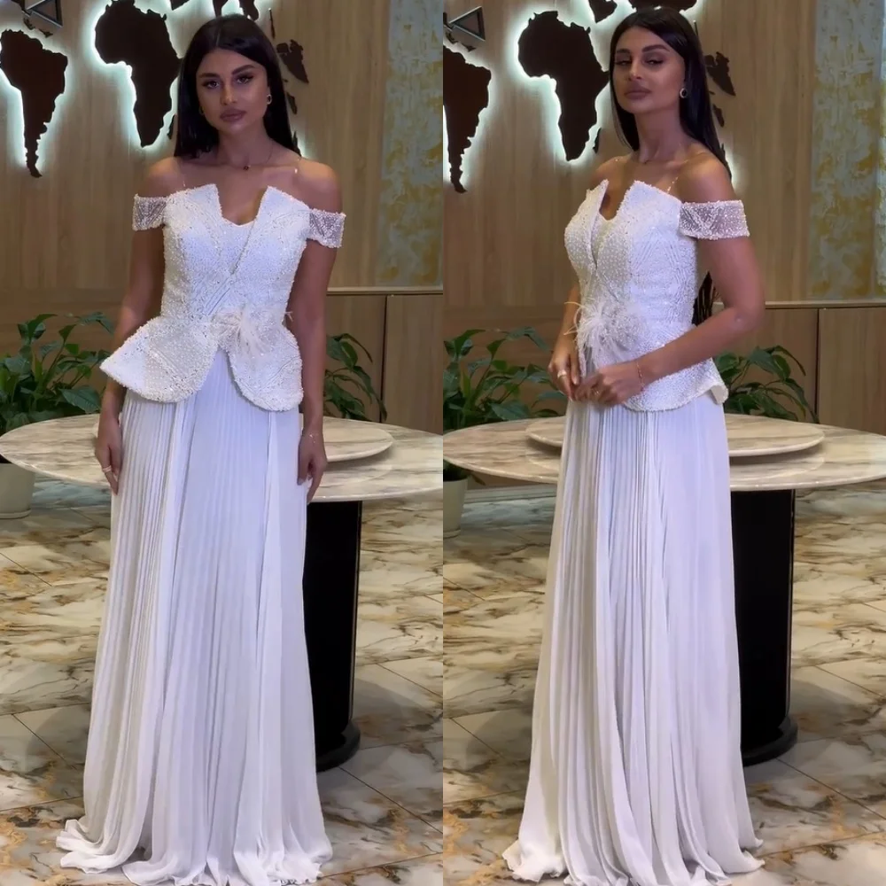맞춤형 우아한 쉬폰 플리츠 스팽글 꽃 장식 A라인 오프숄더 롱 드레스 맞춤형 행사 홈커밍 중국 스타일