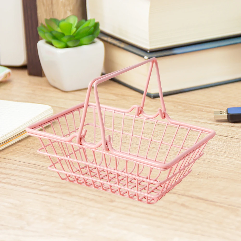 

1pc Pink Mini Shopping Basket Metal Wire Small Cart Home Decor Photo Prop Sturdy Storage Toy Role Play Game Accessories