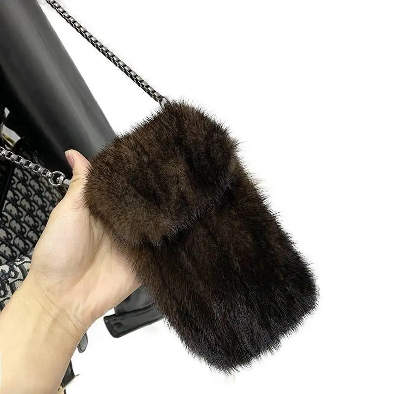 100% Prawdziwe Futro Norek Torebki Crossbody Dla Kobiet Jesień Zima Pluszowe Torebki I Torebki Damskie Telefon Torebka Na Ramię Dziewczyny Portfel — zdjęcie 2