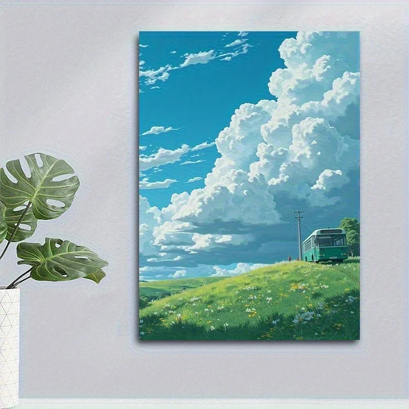 1PC Large-sized frameless canvas paintings,[2D Flat] Vibrant Anime-Style Field Scenery Canvas Wall Art – Serene Landscape with B