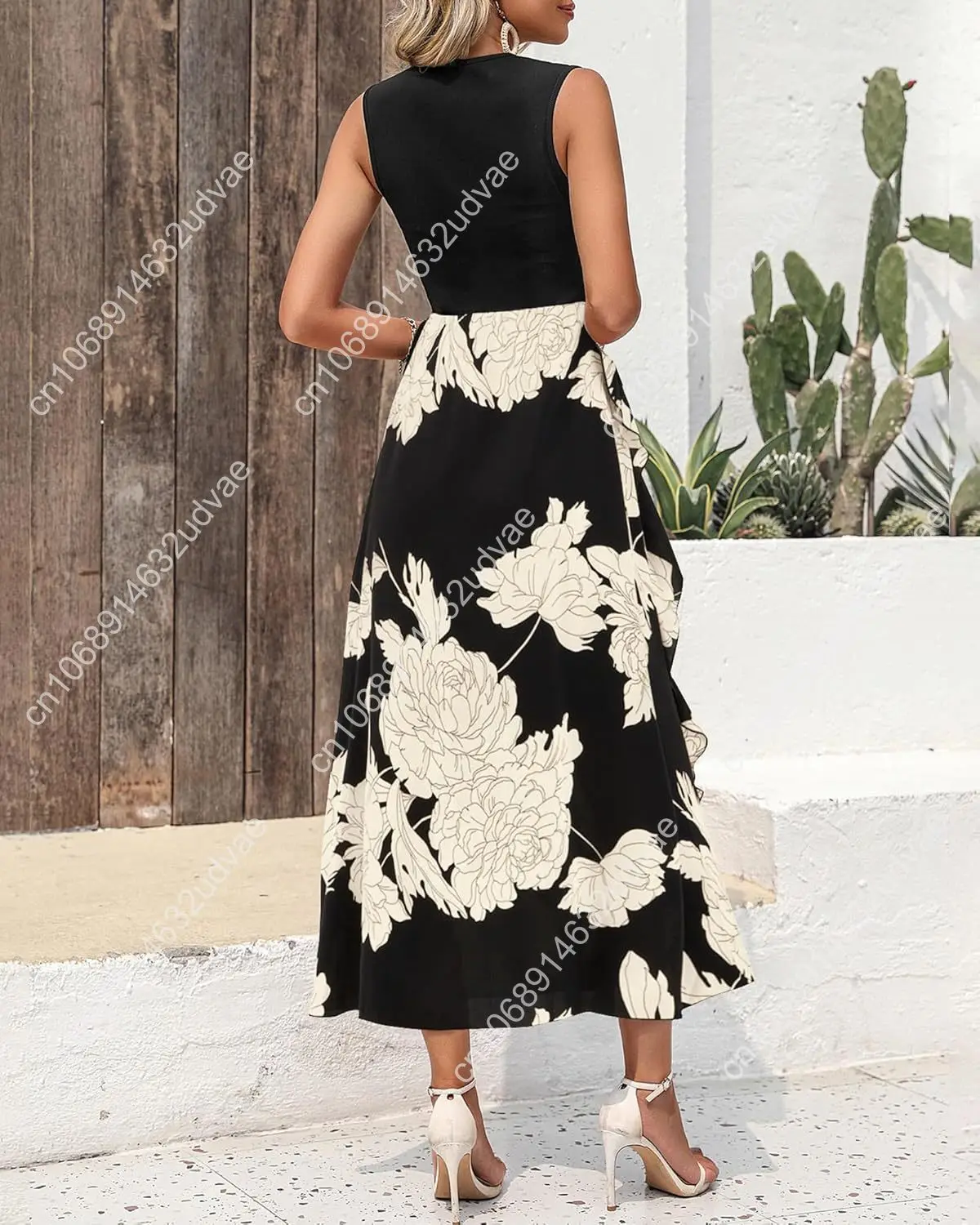 BTFBM Women Casual Sleeveless Summer Dresses 2025 Spring Crewneck Patchwork Boho Floral Ruffle Cocktail Party Midi Dress