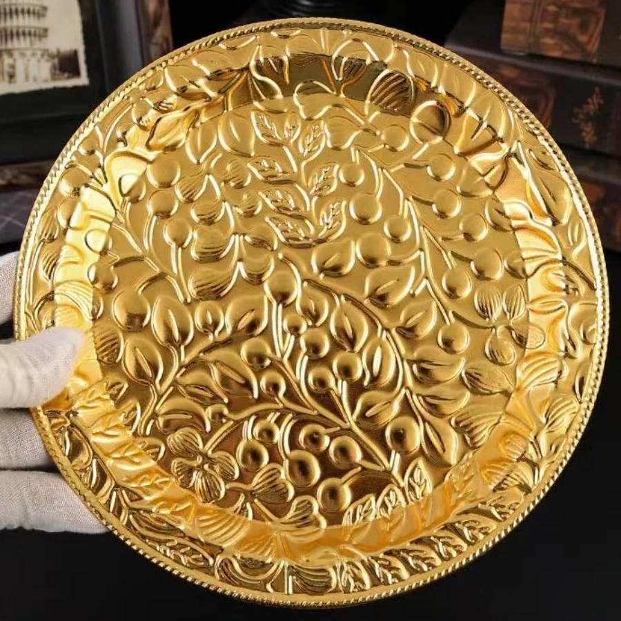 

European Style Engraving Flower Texture Circle Shape Tray,Metal Teacup Saucer Home Cheese Food Plate,Snack Disc Table Decoration