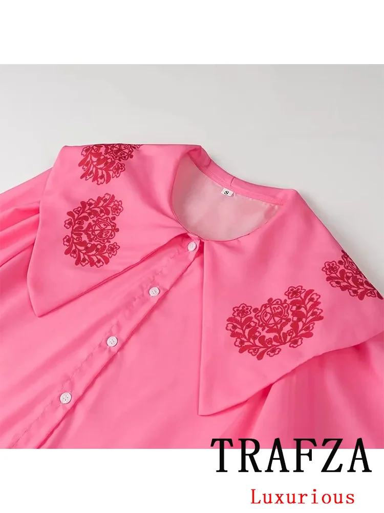 TRAFZA Vintage Chic Embroidery Women Blouse Long Sleeve Peter Pan Collar Single Breasted  Blouse Fashion 2024 Summer Shirt