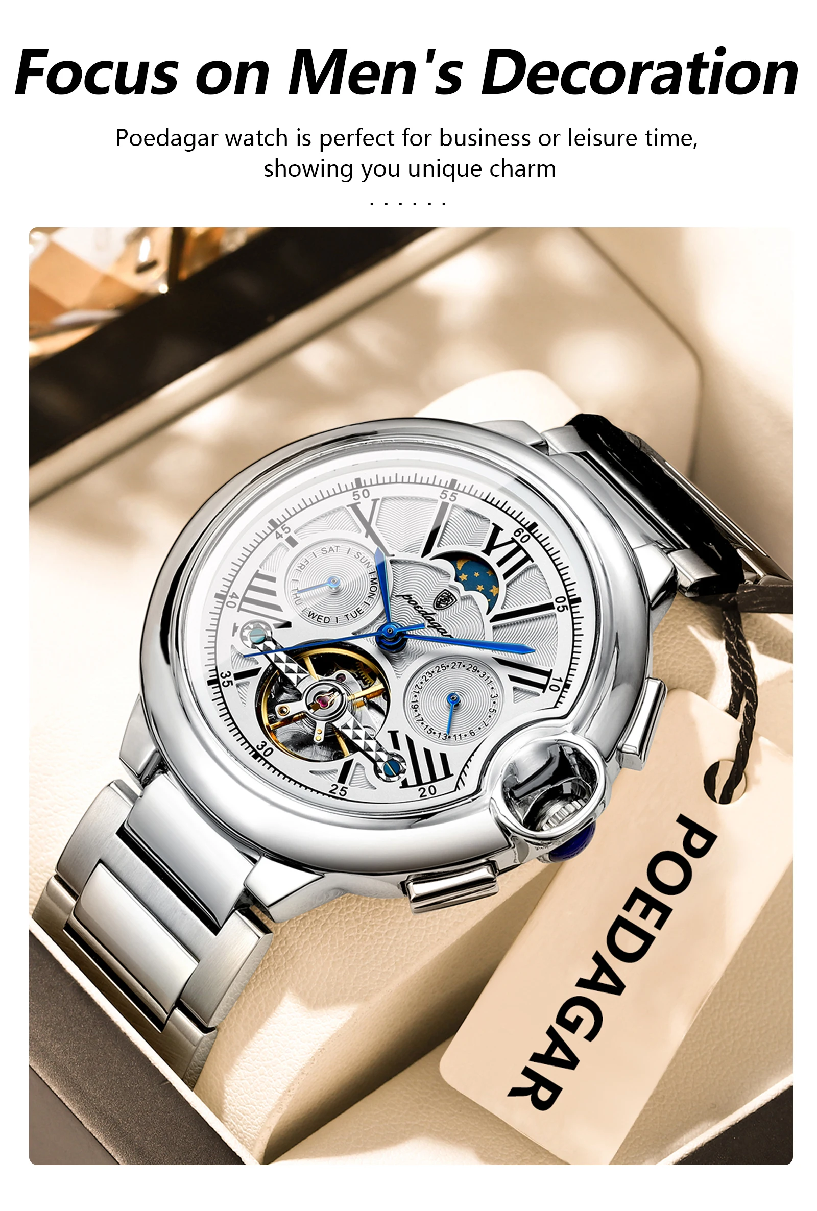 POEDAGAR Luxus Business Männliche Uhr Datum Woche Edelstahl Tourbillon Männer Uhr Wasserdichte Automatische Mechanische herren Uhren – Detail 15