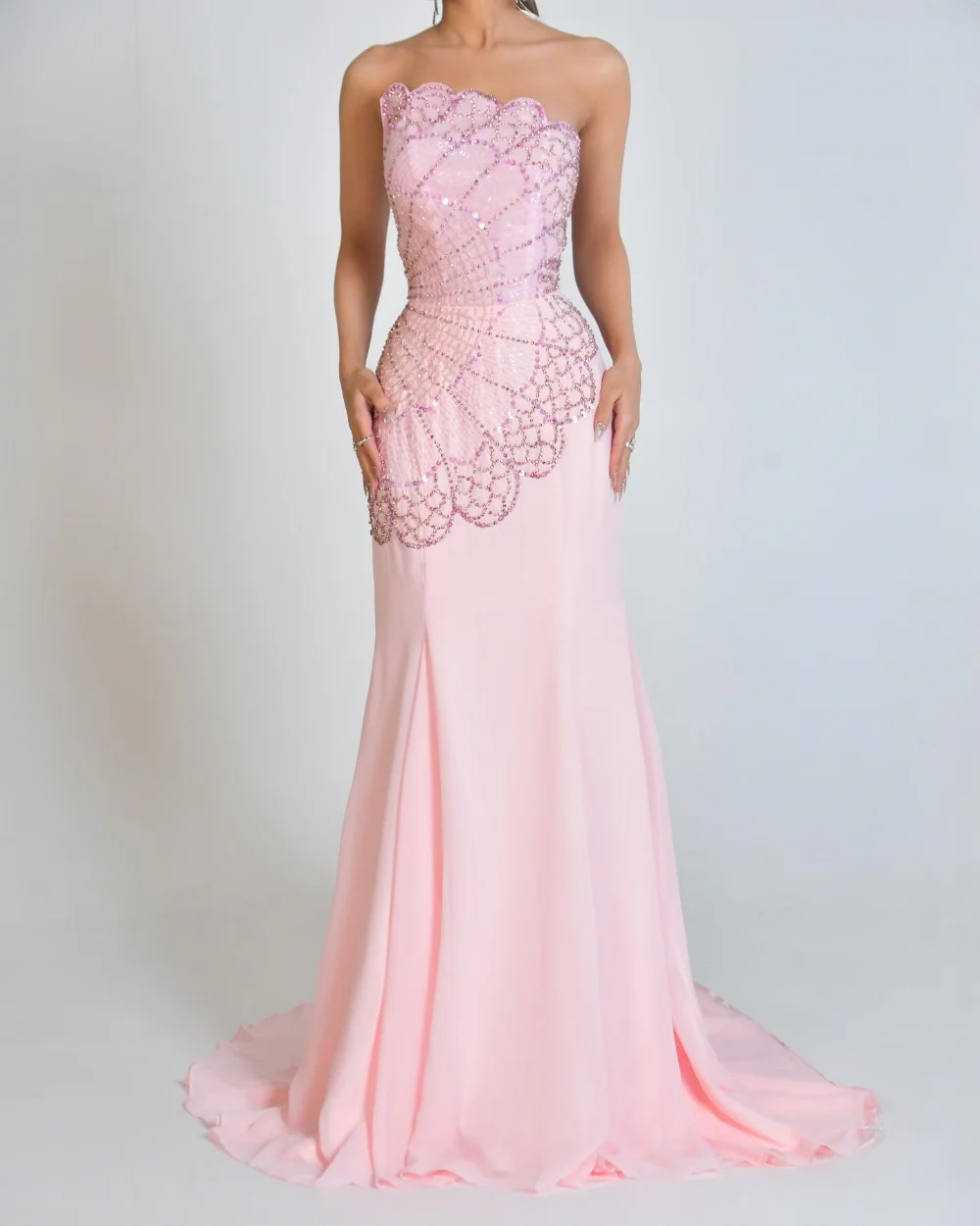 

Customized Classic Chiffon Sequined Beading Rhinestone Draped A-line Scalloped Long Dresses Bespoke Occasion Dresses Exquisite