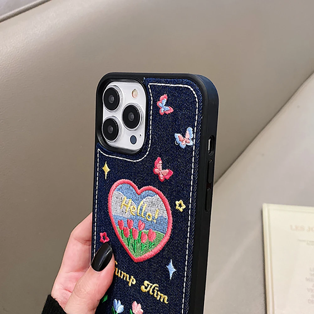 Cute Denim Fabric Embroidery Flower Winter Warm Phone Case For iPhone 15 14 13 12 11 Pro Max XS XR X Silicone Cover Protector