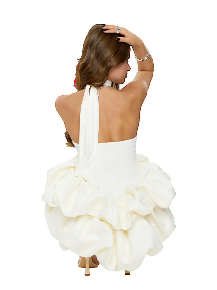 Elegantes Einfarbiges Neckholder-Minikleid mit Rückenausschnitt, Süßer Verzierter Stufenrock mit Rüschen, Damenkleid für Abendpartys, Club und Abschlussball – Detail 17