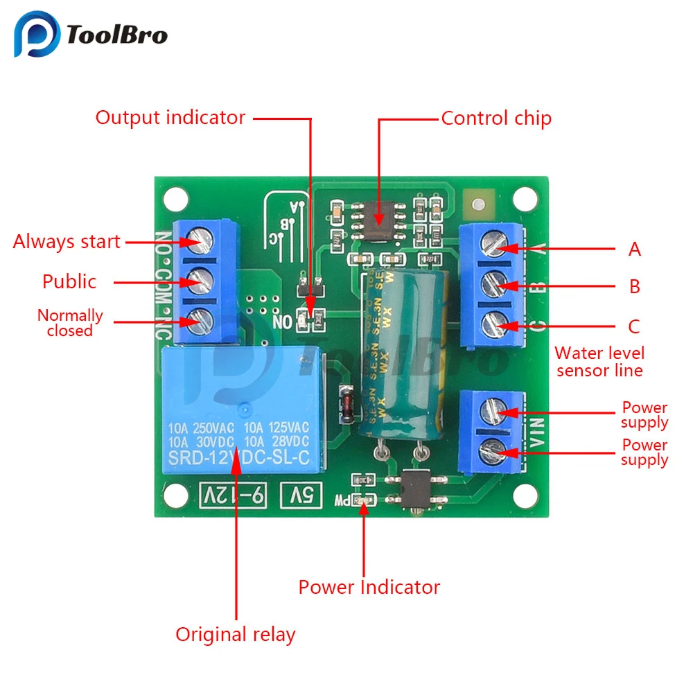 Imagem -02 - Módulo Controlador de Nível de Água Automático Interruptor Sensor Líquido Válvula Solenóide Motor Bomba Tanque de Água Controle Relé Board dc 5v 12v