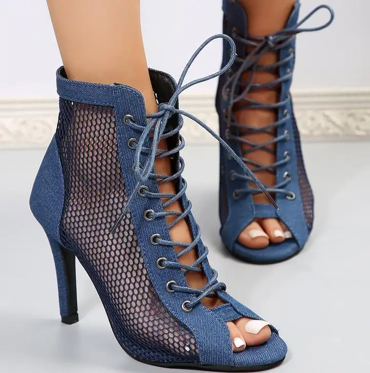 Women Fashion Show Net Fabric Cross Strap Sexy High Heel Sandals Woman Shoes Pumps Lace-up Peep Toe Sandals Casual Mesh