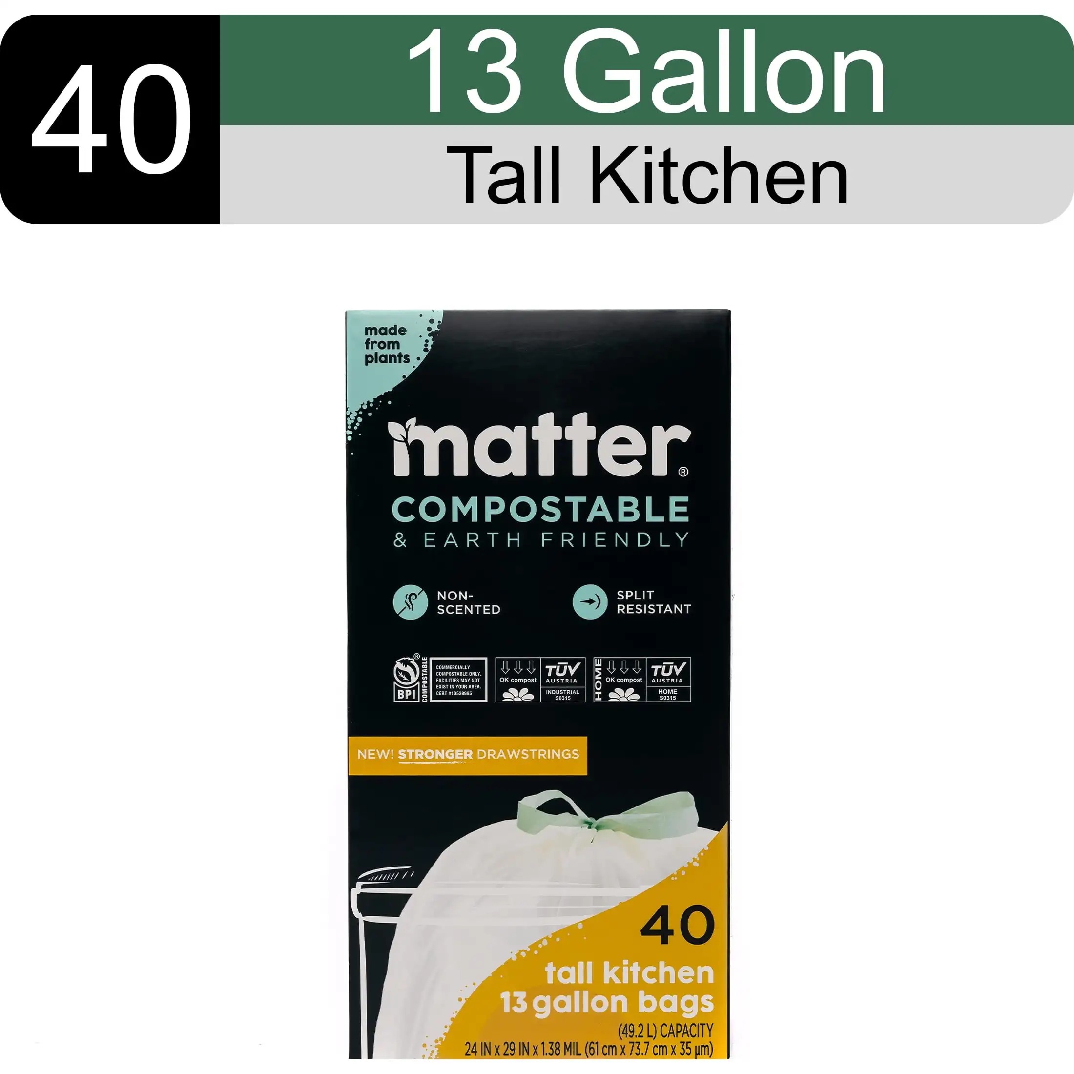 

Compostable 13-Gallon Drawstring Tall Kitchen Trash Waste Bags, 40 Bags Durable suitable environment Office, home, hotel