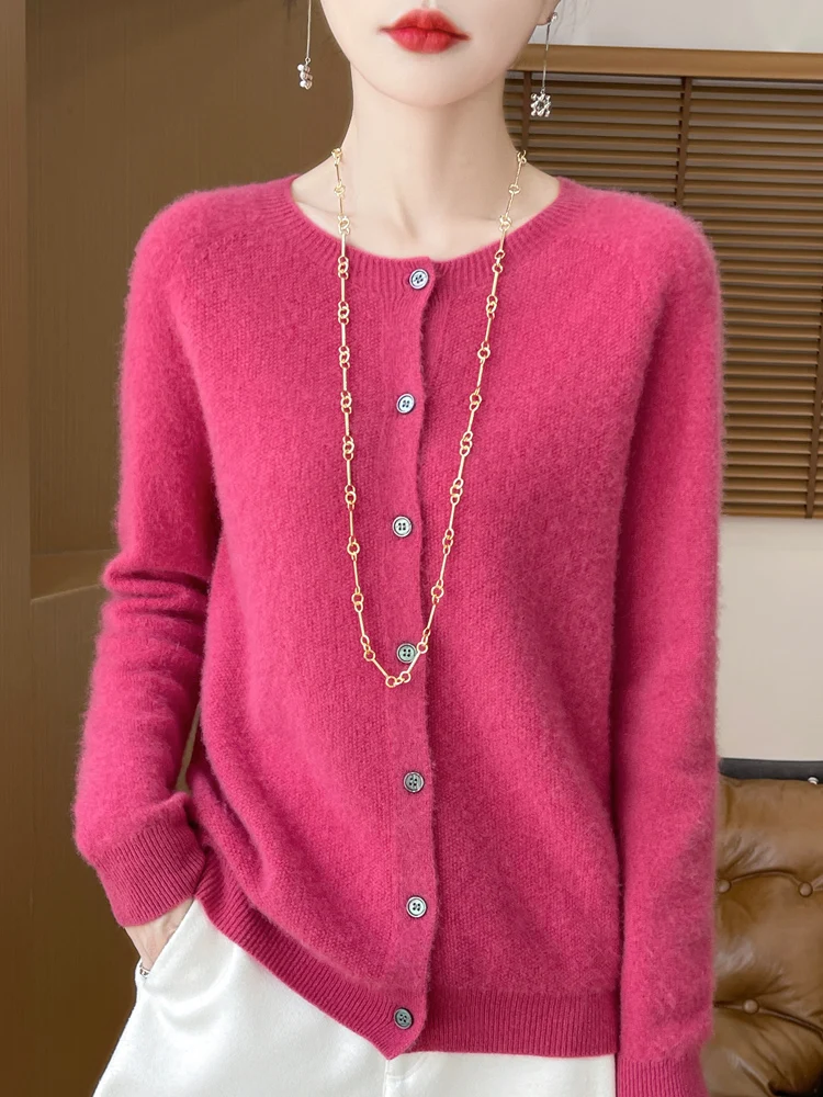 

2026 Woman Clothing Soft Warm Solid Color Cardigan Autumn Winter Basics 100% Merino Wool Knitwear Grace Casual Lazy Top Classic