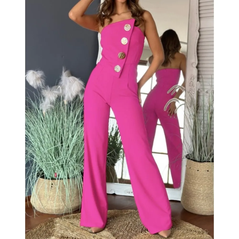 Summer Sexy Strapless Women\'s Solid Color Romper Fashion Button Sexy Slim Fit Off The Shoulder Elegant Female Party Romper Pants