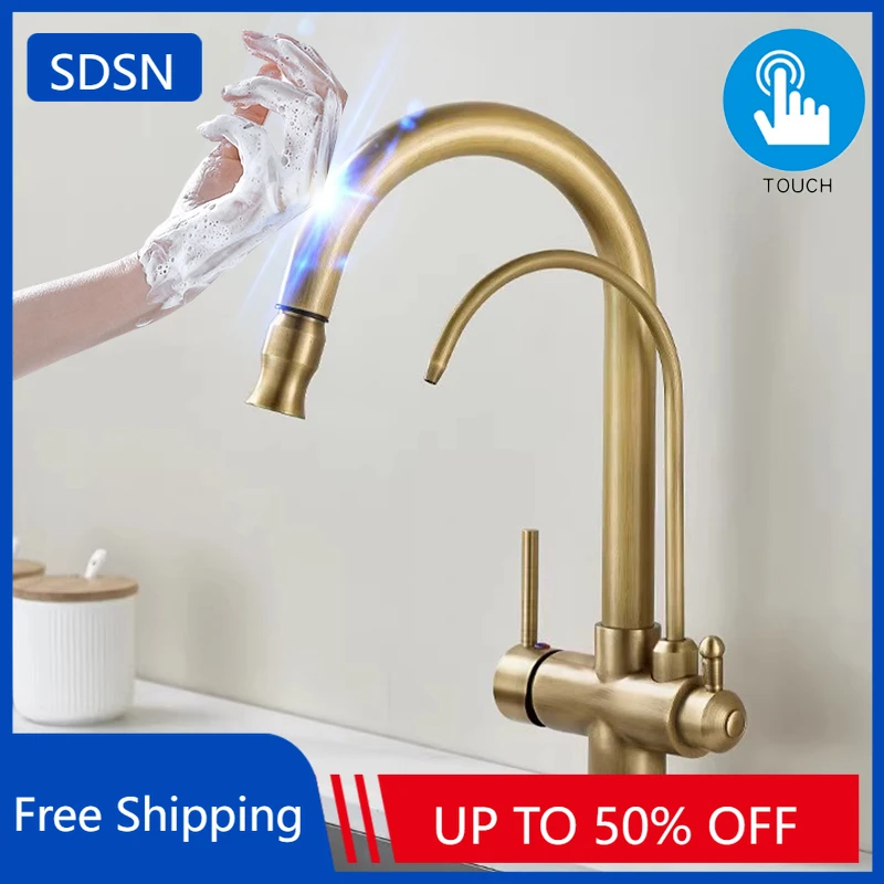 Antique Touch on Filter Kitchen Sink Faucets 3 Ways Pure Water Hot Cold Kitchen Sink Mixer Tap Smart Touch Pull Out Kitchen Tap