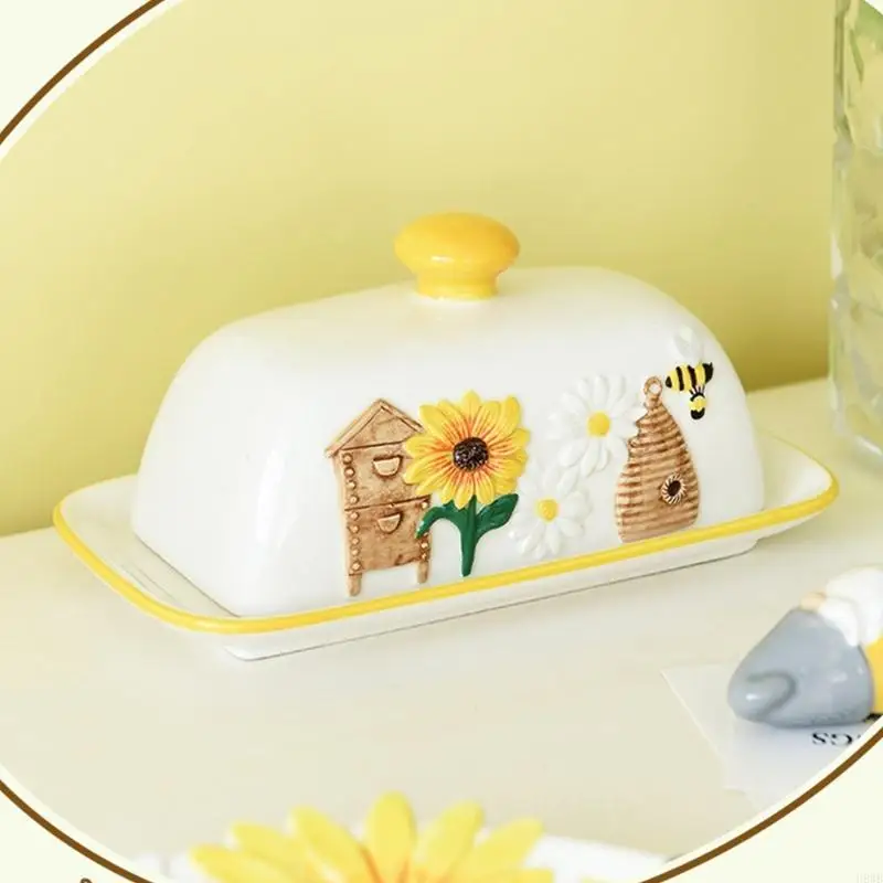 H8WB Butter Tray with Lid for Breakfast Presentation, Yellow Detail Covered Dish for Kitchens Use, Cheese Service, and Daily