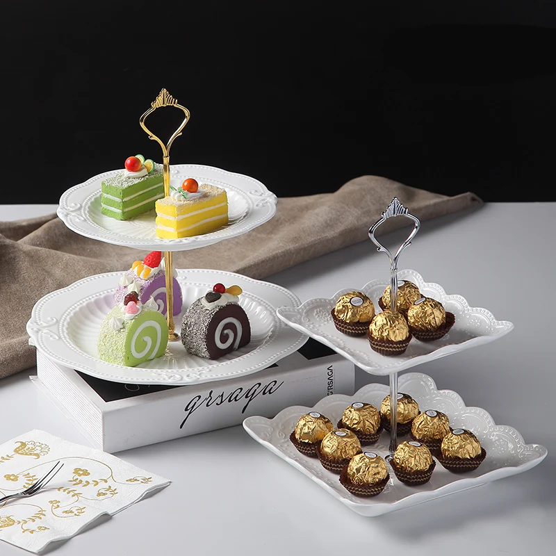 

White Embossed Porcelain Ceramic Candy Dish with Steel Stander, Wedding Decoration Fruit Plate Servies, Buffet Salon