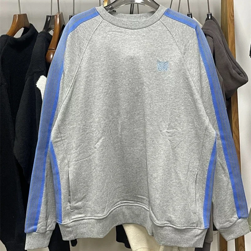 

25ss Grey AWGE Butterfly Embroidery Sweatshirts Top Quality Mens Round Neck Striped Hoodies With Tags
