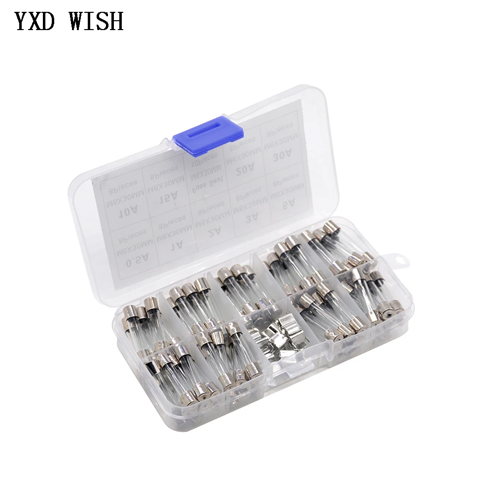 72pcs 6x30mm Fast-blow Glass Fuses Assorted Kit 250V 0.5A 1A 2A 3A 5A 10A 15A 20A 30A AMP Tube Fuses 6*30 Insurance Tube