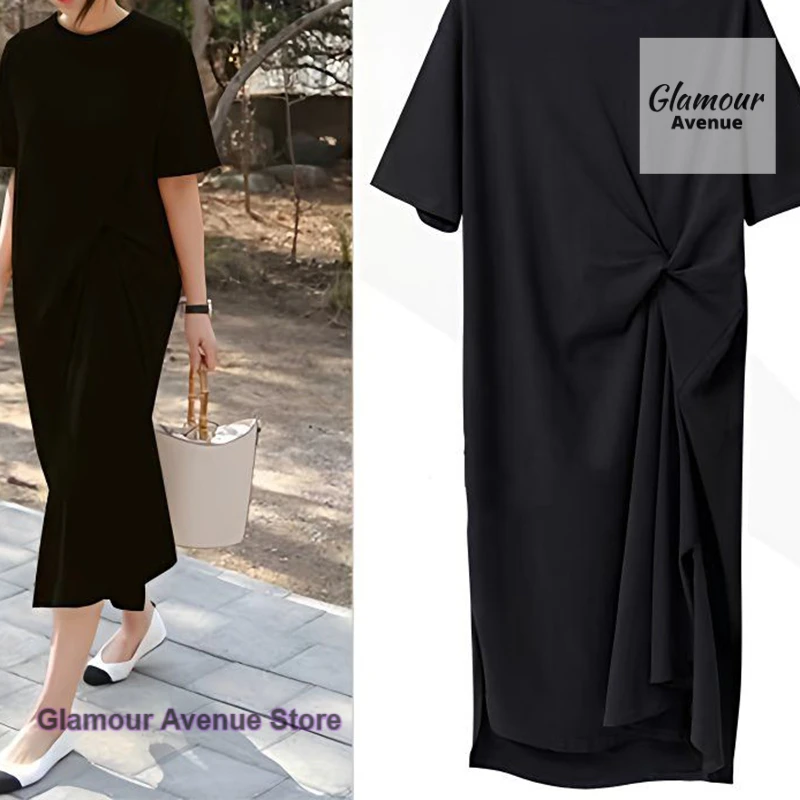 French style fashion casual niche dress female summer new loose solid color high sense temperament Joker long T-shirt skirt.