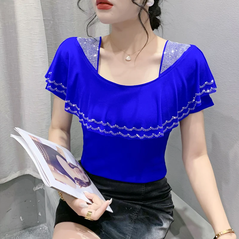 Summer Ruffles Mesh Square Collar T-Shirts Women Short-Sleeved Diamonds TShirt Femme Fashion Patchwork Tops Tees