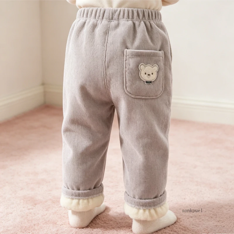 Pantalones de Forro Polar para Niños de Otoño e Invierno con Bolsillos Bordados, Pantalones Casuales de Pana, Pantalones Deportivos Cálidos para Niños y Niñas